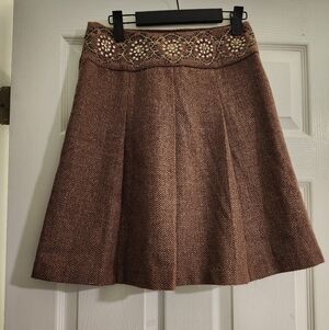 Ann Taylor Loft Brown Herringbone Pleated Sequin Wool Blend Skirt Size 0P